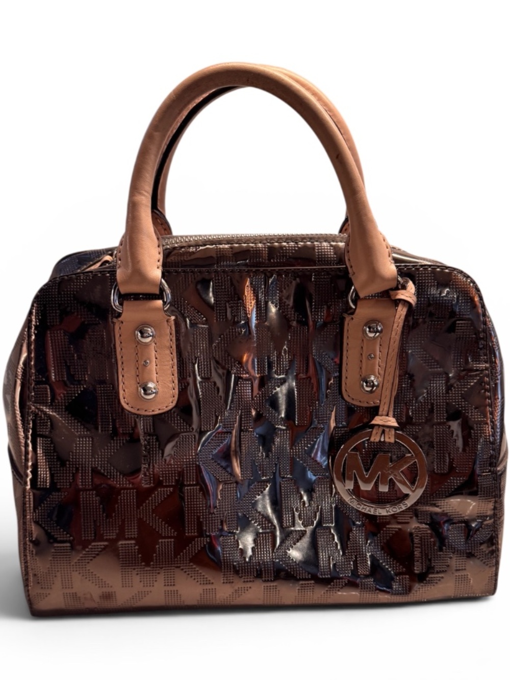 Michael Kors Rare Bronze Patent MK Monogram Satchel Y2K Top Handle Bag